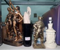 Ceramic group of two girls with interlinked arms, in Grecian dress on a single base, a figure of a