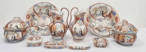 Pair of Japanese wash jugs and basins (one repaired), a pair of soap dishes with lids, a pair of