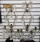 Pair of three-branch electric wall lights with glass drop decoration and brass body (2)  Condition