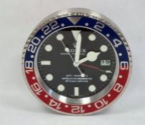 Modern circular wall clock in the style of a Rolex wristwatch, the dial marked 'Rolex, Oyster