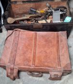 Vintage leather suitcase and a small wooden trunk filled with assorted vintage tools
