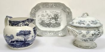 Large Victorian transfer-printed two-handled soup tureen and cover decorated with birds and flowers,