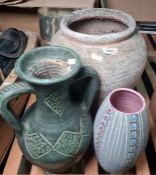 Large earthenware Ali Baba jar, a silver glass vase, a two handled vase and a 1950's retro vase
