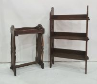 Oak side table with tray top end supports, on stretchered base, 45cm x 71cm, a three-shelf open