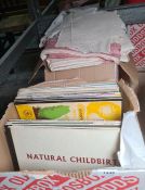 Wood painted circular framed mirror, assorted long-playing records and a box with pink curtains