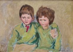 Josette Aris Vailloncourt (20th century) Oil on board Portrait of a girl and boy in green jumpers,