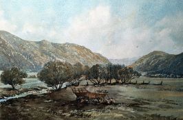 Shlobon(?) Watercolour drawing  Landscape with hills in the background, stream and two figures