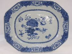 Early 19th century Chinese export porcelain meat dish, oblong with canted corners and decorated with