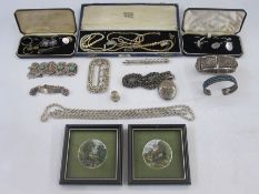 Foreign silver-coloured metal bottle, turquoise set bangle, quantity brooches, silver and other