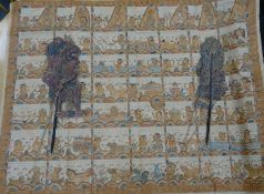 Japanese painted fabric panel with various figures, deities and animals with script, together with a