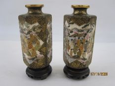 Pair of 19th century Japanese Satsuma earthenware hexagonal vases, each decorated with panels of