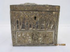Antimony lidded box, square, embossed with figure, pagoda and bamboo, with basal drawer, 14cm square