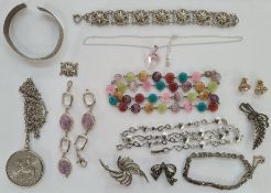 Silver bangle set aquamarine-coloured stone, another set green stone, a silver and marcasite