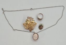 Miniature painted porcelain plaque (probably from a brooch), a Victorian 9ct gold ring set two