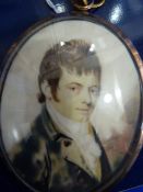 Early 19th century miniature on ivory, head and shoulders portrait of gentleman, 7 cms x 5.5 cms