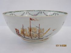 19th century Chinese porcelain punchbowl painted with three-masted sailing vessels, in iron red,