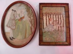 1920's embroidered picture of a girl with deer amongst woodland, labelled verso 'November 1929',