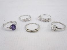 Five white 9ct gold stone set dress rings (5)