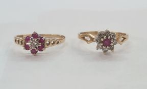 9ct gold, ruby and diamond ring set small diamond to the centre surrounded by six rubies and a 9ct