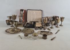 Quantity of plated ware to include cruet set, trinket box, cups, cased fish eaters, tray, trophy