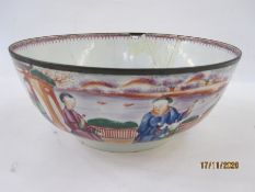 Antique Chinese famille rose porcelain punchbowl with decoration autour of figures in lakeside