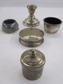 Continental white metal box of circular form with engine turned enamel top, unmarked, 6cm dia., to