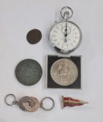 Excelsior Park stopwatch in chrome case, a pair of circular silver links by Dunhill, an enamelled