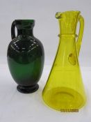 John Walsh Walsh uranium yellow glass jug with reeded collar, 30cm high and a Walsh Walsh green