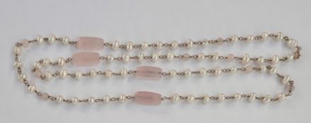 9ct gold, baroque pearl and rose quartz necklace with leather covered Garrard box