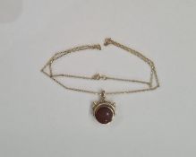 9ct gold modern swivel fob set bloodstone and cornelian on fine 9ct gold belcher link chain