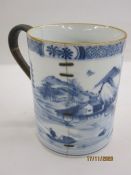 Probably late 18th century Chinese porcelain mug, cylindrical with underglaze blue lakeside