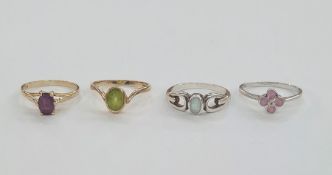 9ct gold and peridot ring, a 9ct gold set oval amethyst-coloured stone ring, a white gold, pink