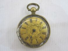 Late 19th/early 20th century Victorian open faced pocket watch with engraved dial in gilt metal case