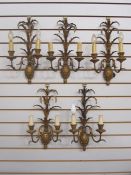 Set of Italian five twin-branch wall lights in the form of pineapples, with carved wood pineapple