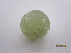 Chinese carved and pierced pale celadon jade bead, 1.5cm diameter