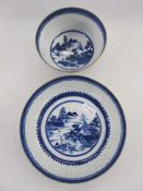 19th century Chinese export porcelain bowl and stand, each with blue brocade border above rice