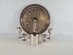 Silver on copper candlestick, lily-cut egg cups, circular tray, tankard, etc