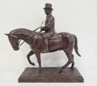 Bronze sculpture of huntsman wearing top hat, on horse, on rectangular stepped base, unattributed,