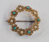 Gold-coloured metal, seedpearl and turquoise circlet, each stone set in flowerheads