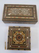 Modern Sedeli work box of rectangular form, 22cm long and a similar parquetry box of square form (