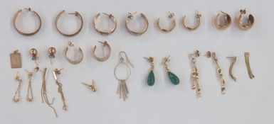 Quantity of 9ct gold and other hoop drop and pendant earrings and a 9ct gold St Christopher pendant,