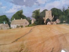 Allan Laycock Watercolour drawing Cornfield with village church  24 x 30 cms