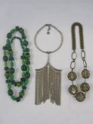 Metal and faceted plastic large bead necklace, green marbled-effect cluster bead long necklace