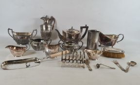 Quantity of plated ware to include teapot, flatware, pewter ware, silver-backed brush (dented) and