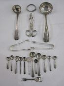 Pair of silver sugar nips, another plated pair by Walker & Hall, a silver christening bracelet