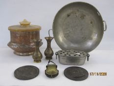 Italian pewter two-handled circular dish, marked to base, 34.5cm diameter, other pewter items, a