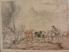 Unattributed (19th century school) Watercolour  Burning village with villagers fleeing across a