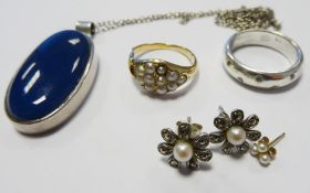 Gold and seedpearl ring (cut in two) (seedpearl missing), pair cultured pearl and marcasite