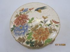 Late 19th/early 20th century Japanese Satsuma pottery lidded box, circular, chrysanthemum and bird