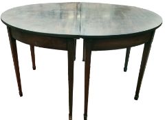 19th century mahogany oval dining table in two halves, on square section tapering supports to